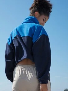 In My Nature Two Tone Half Zip Drawstring Hem Outdoor Fleece Sweatshirt - Navy Blue - View 2