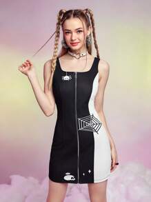 SHEINNeu Two Tone Cartoon Graphic Zip Up Dress