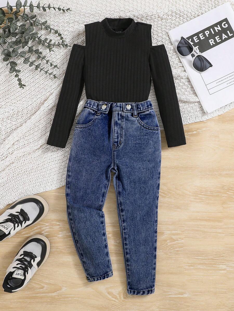 Young Girl Off-Shoulder T-Shirt & Casual Elastic Waist Denim Pants - Dark Wash - View 1
