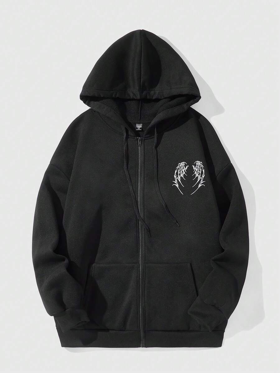 SHEIN EZwear 加大码翅膀和骷髅印花落肩抽绳卫衣 - 黑色 - 查看 1
