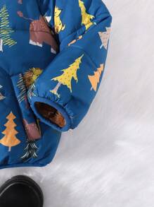 SHEIN 1 peça jaqueta acolchoada com forro quente e grosso para meninos, fofa, solta, desenho animado, animal e árvore, versátil e confortável para o inverno