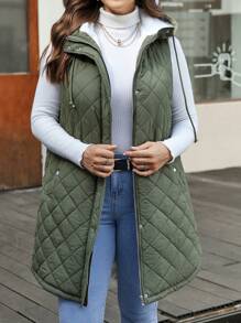 SHEIN LUNE Hơn Dây kéo Dây rút áo có mũ Áo khoác vest quilted - xanh quân đội - Xem 3