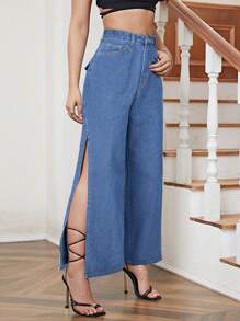 SHEIN Essnce Women's Side Split Denim Jeans - Medium Wash - View 3