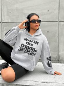 SHEIN Unity 加大码标语图案袋鼠口袋落肩卫衣 - 灰色 - 查看 6