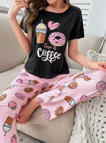 Donut & Slogan Graphic Tee & Pants PJ Set / Pajama Set - Multicolor - View 5