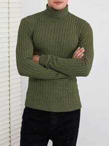 EURMUSE Men High Neck Ribbed Knit Sweater - Army Green - View 6