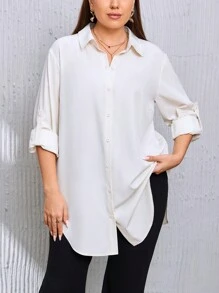 SHEIN Essnce 大碼素色前紐扣不對稱下擺襯衫 - 杏色 - 查看 1