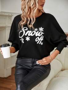 SHEIN LUNE Snowflake & Letter Graphic Batwing Sleeve Tee - Black - View 6