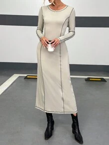 SHEIN Essnce Vestido ajustado con puntada - Beis - Ver 3