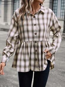 SHEIN LUNE 格紋印花落肩荷葉邊襯衫 - 彩色 - 查看 5