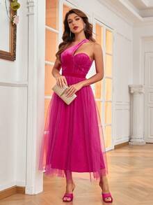 Double Crazy One Shoulder Mesh Overlay Cocktail Dress - Hot Pink - View 4