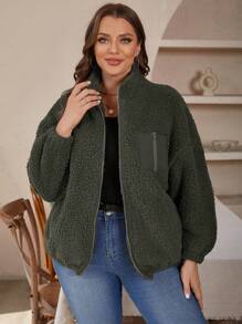 SHEIN LUNE Plus Zip Up Drop Shoulder Jacket - Green - View 3