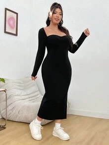 SHEIN EZwear Plus甜心領分割式收身連身裙 - 黑色 - 查看 5