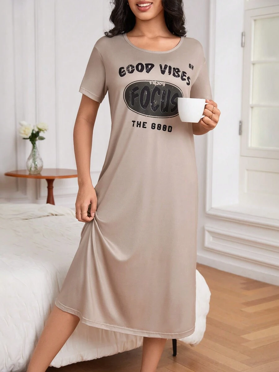 Letter Graphic Pajama Nightdress - Camel - View 1
