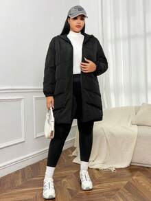 SHEIN EZwear Plus Zip Up Hooded Padded Coat - Black - View 4