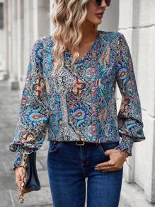 SHEIN LUNE Paisley Print Lantern Sleeve Blouse - Multicolor - View 1