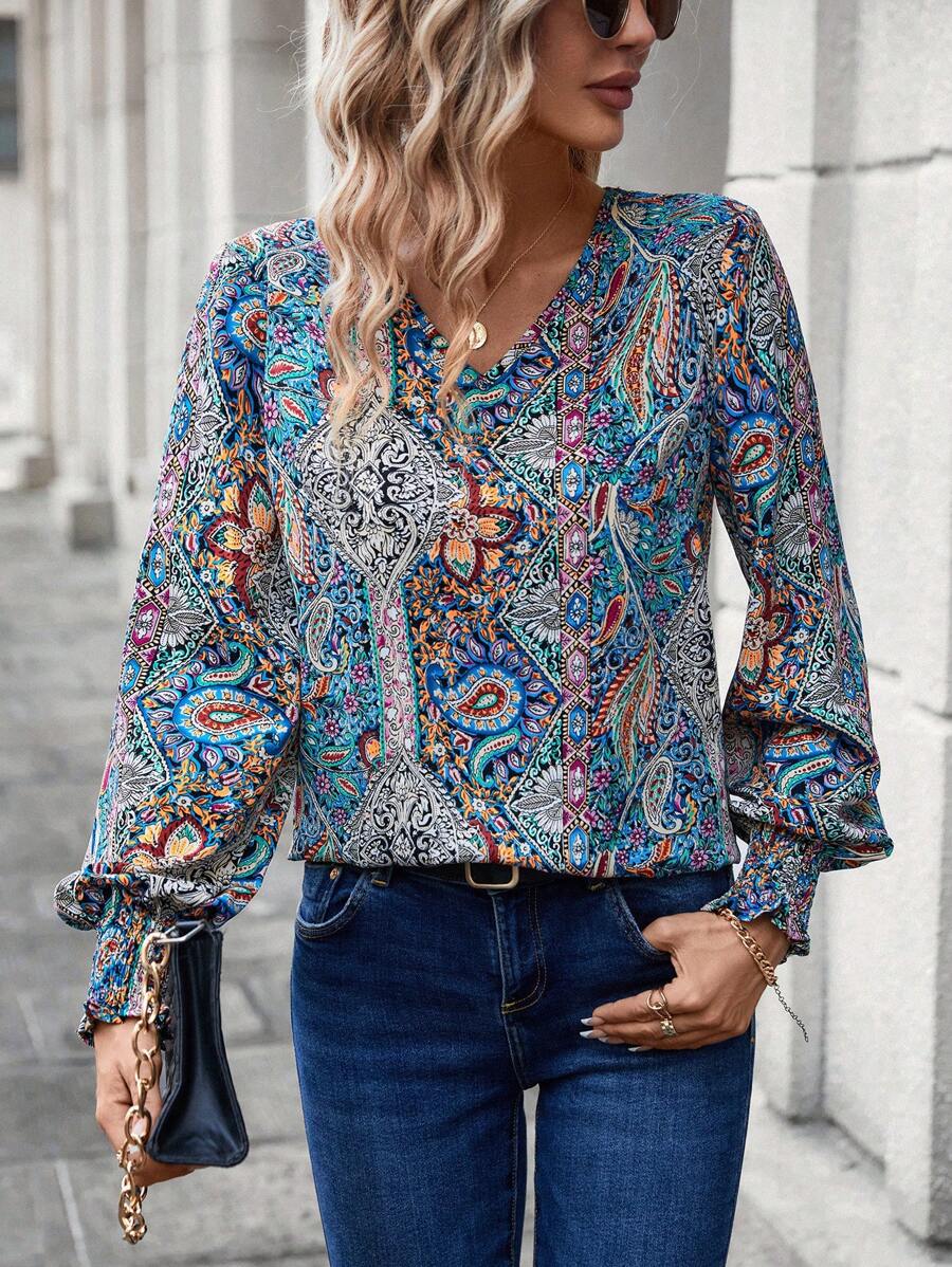SHEIN LUNE Paisley Print Lantern Sleeve Blouse - Multicolor - View 1