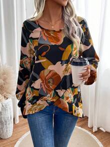 SHEIN LUNE Floral Print Asymmetrical Hem Blouse - Multicolor - View 5