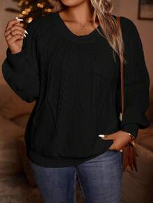 SHEIN LUNE 大碼麻花編織插肩袖套頭毛衣 - 黑色 - 查看 5