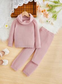 SHEIN Young Girl Solid Raglan Sleeve Sweater & Knit Pants & Scarf - Pink - View 1