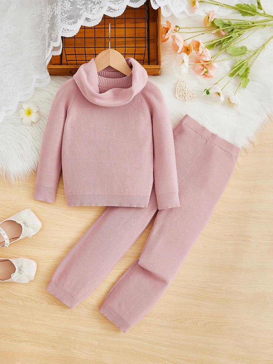 SHEIN Young Girl Solid Raglan Sleeve Sweater & Knit Pants & Scarf - Pink - View 1