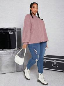 SHEIN CURVE+ Hơn Thả vai Đồ đan Ribbed Áo thun - Bụi hồng - Xem 6