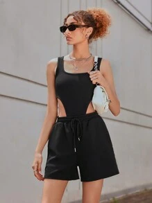 SHEIN EZwear Bộ đồ hai mảnh nữ Dây kéo màu trơn Giải trí - màu đen - Xem 7