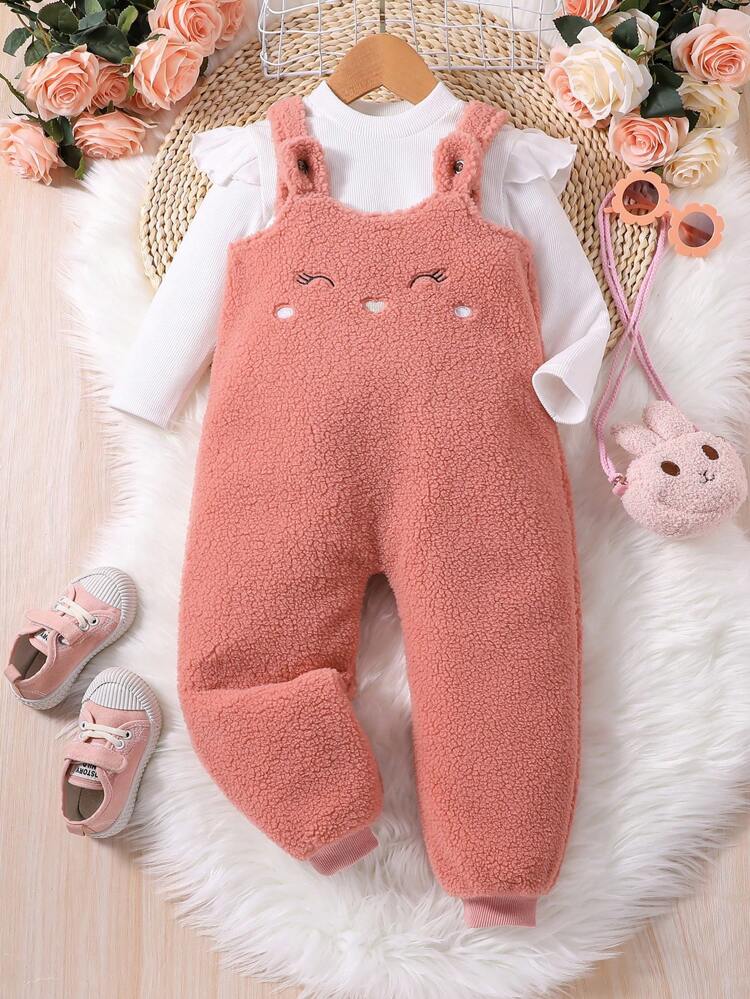 Young Girl Mock Neck Tee & Cartoon Embroidery 3D Ears Design Teddy Overalls