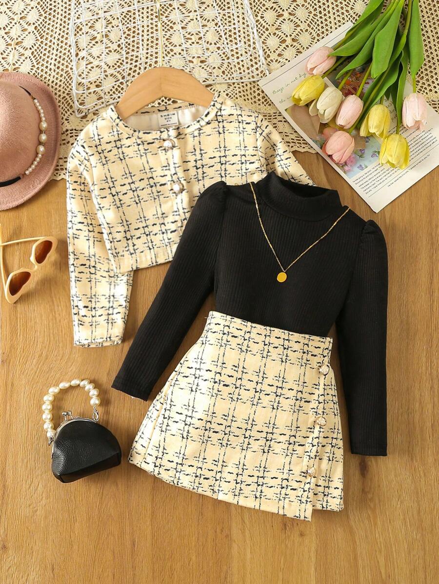 SHEIN Cô Gái Trẻ In kẻ sọc Áo khoác & Cổ giả Áo thun & Váy - màu đen - Xem 1