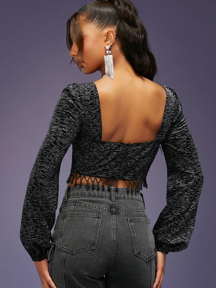 Beaded Fringe Hem Glitter Crop Top