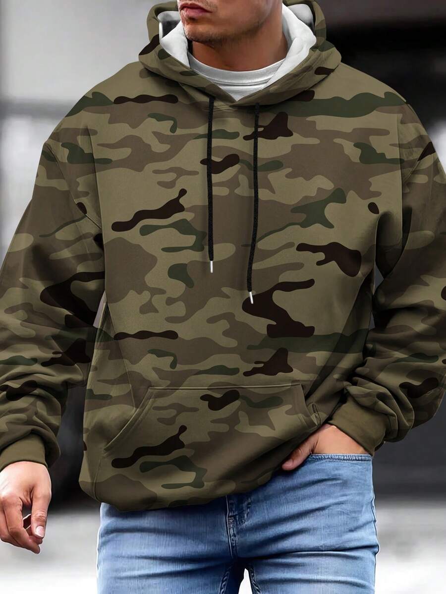 Manfinity Homme Nam 1 Miếng Camo In Túi kangaroo Dây rút Hoodie - Màu xanh lá cây đậm - Xem 1