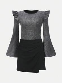 青少年女孩荷葉邊喇叭袖金屬亮絲T恤和裹身半身裙 - 黑色 - 查看 1