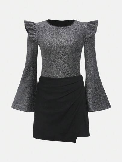 Teen Girl Ruffle Trim Trumpet Sleeve Glitter Tee & Wrap Skirt