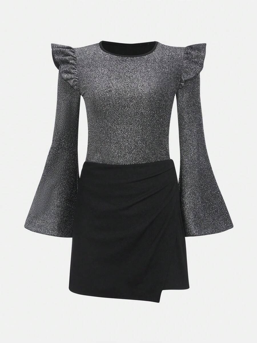青少年女孩荷葉邊喇叭袖金屬亮絲T恤和裹身半身裙 - 黑色 - 查看 1