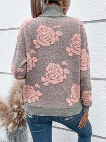 SHEIN LUNE Mô hình hoa Áo cao cổ Thả vai Áo len - Nhiều màu - Xem 2