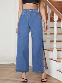 SHEIN Essnce Women's Side Split Denim Jeans - Medium Wash - View 5