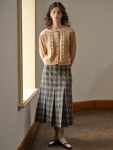 Simple Retro Striped Trim Cable Knit Cardigan - Apricot - View 4