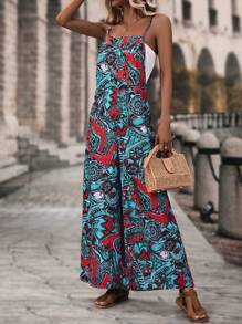 SHEIN VCAY 滿版印花闊腿吊帶連體褲 - 青碧色 - 查看 1