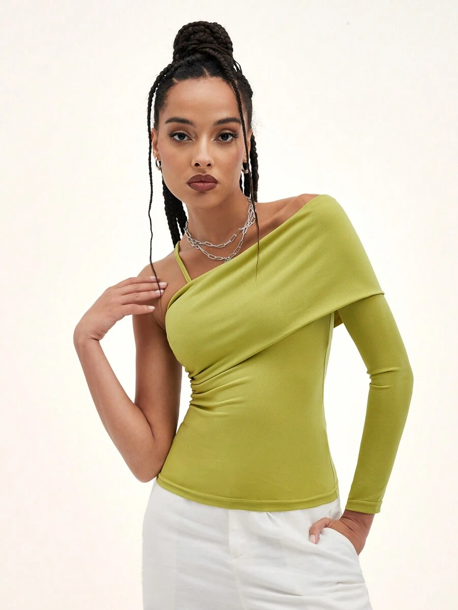 SHEIN BAE Asymmetrical Neck Solid Top - Olive Green - View 1
