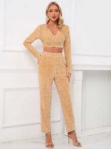 Zolique Women's Glitter Top And Pants Set - Khaki - View 1