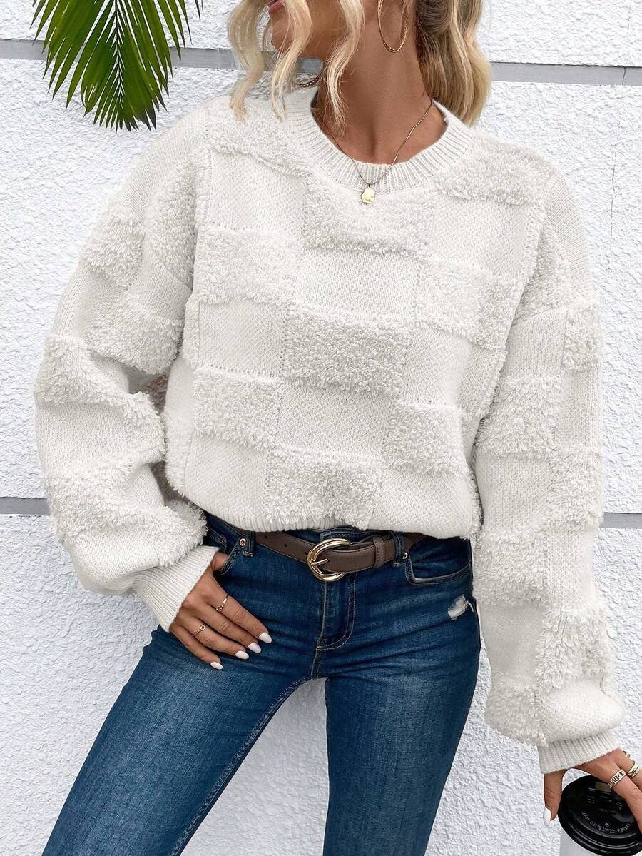 SHEIN Essnce Solid Drop Shoulder Teddy Sweater - White - View 1