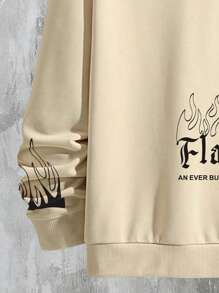 Manfinity Homme Men's Plus Size Hooded Sweatshirt Printed With Expressions & Slogan, With Drawstring Waist Sweatpants, 2pcs/set - Khaki - View 3