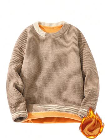 Men Striped Trim Drop Shoulder Thermal Lined Sweater