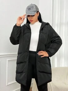 SHEIN EZwear Plus Zip Up Hooded Padded Coat - Black - View 3