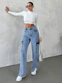 EURMUSE Women's Flap Pocket Washed Denim Jeans - Blue - View 3