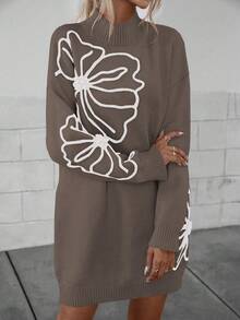SHEIN Essnce 花卉圖案落肩袖小高領毛衣洋裝 - 咖啡棕 - 查看 4