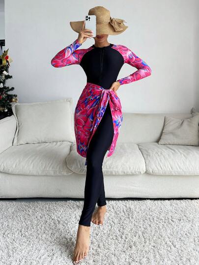 女士花卉印花长袖连体泳衣和罩衫套装，2 件套，适合夏季海滩度假