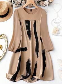SHEIN Clasi 大碼筆刷圖案燈籠袖洋裝 - 卡其色 - 查看 1