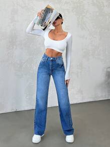 EURMUSE Zipper Fly Straight Leg Jeans - Light Wash - View 6