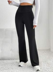 SHEIN PETITE Crisscross Back Flare Leg Black Pants - Black - View 2